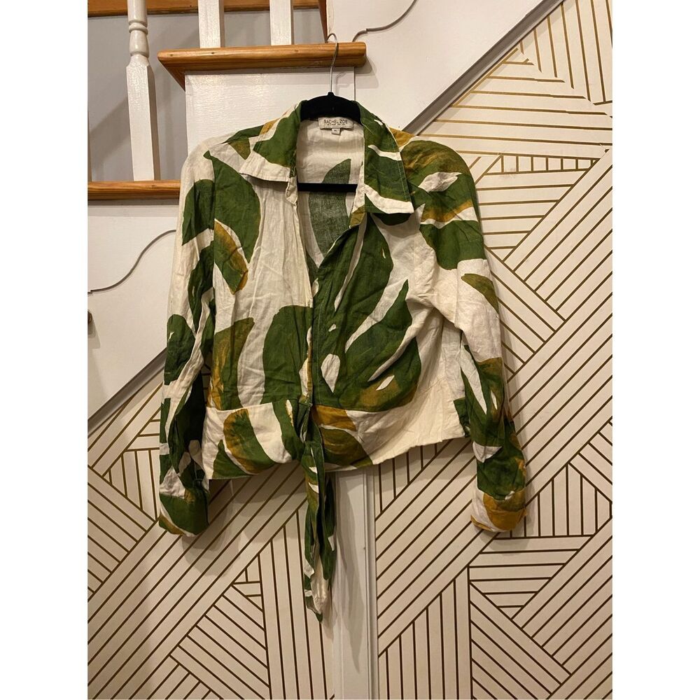 Rachel Zoe Green and Cream Tropical Tie-Front Blouse